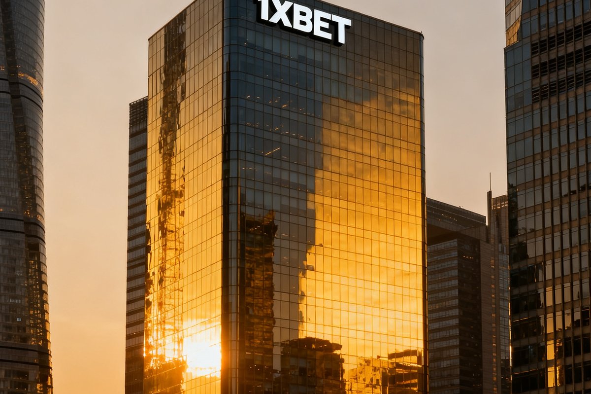 1xBET位于上海陆家嘴金融贸易区的总部办公大楼外观，现代化玻璃幕墙建筑在夕阳下熠熠生辉，楼顶品牌标识醒目可见