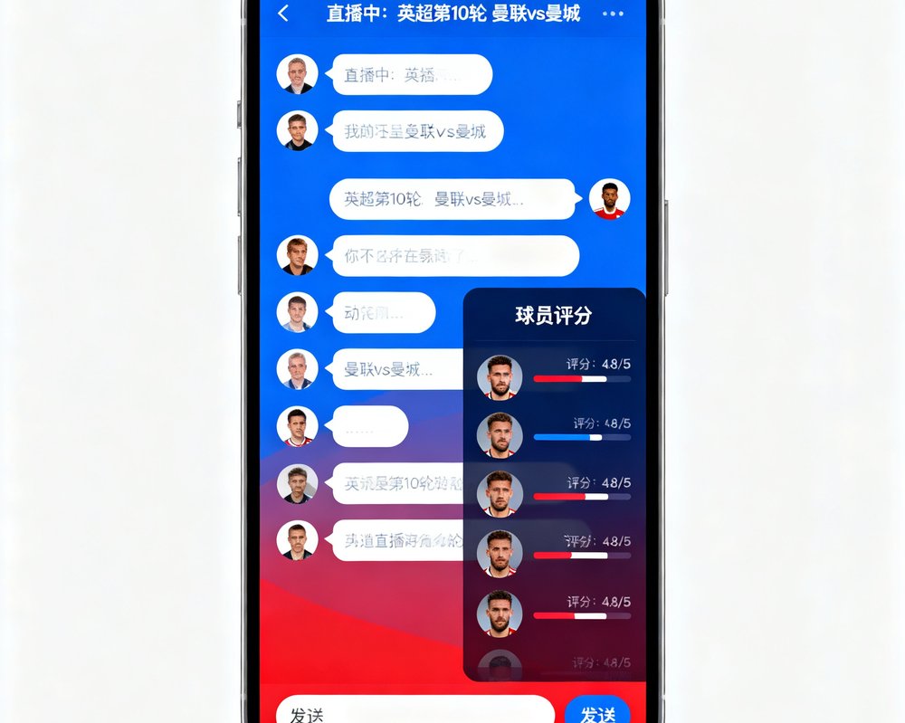 球迷社区移动端界面截图，显示比赛直播间的实时聊天室画面，用户头像和消息快速滚动，右侧是球员评分投票面板
