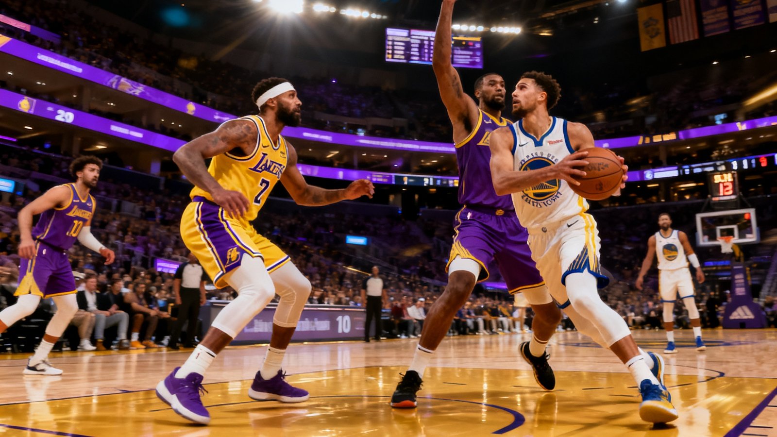 NBA洛杉矶湖人队对阵金州勇士队的比赛直播画面，球员在紫色与金色交织的球场灯光下激烈对抗，比分牌显示第四节关键时刻
