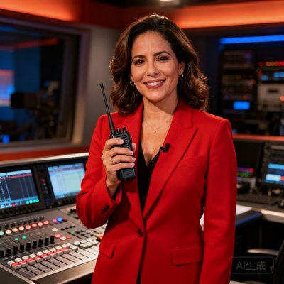 直播运营副总裁Maria Lopez的肖像照，拉丁裔女性，穿着红色西装外套，手持对讲机站在演播室控制台前