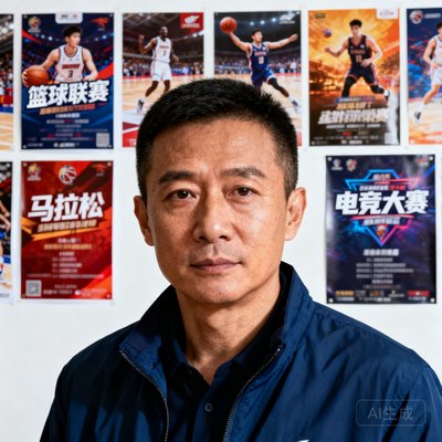 内容总监张伟的半身肖像，中国男性约35岁，短发干练，穿着休闲夹克，身后墙上贴满赛事海报